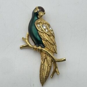 Vintage AVON Enamel Rhinestone Parrot Bird Brooch Signed Gold Tone  Green